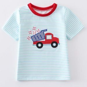 Blue stripe truck baseball applique boy top